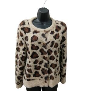 Industry Brown Animal Print Fuzzy  Button Down Cardigan sz L